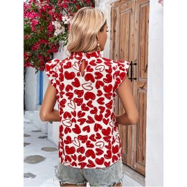 Heart Print Ruffle Trim Blouse, Elegant Blouse For Spring & Summer, Women's Clothing