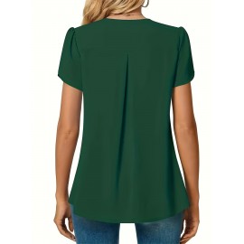 Solid V-neck Petal Sleeve Blouse, Versatile Simple Blouse For Spring & Summer, Women's Clothing
