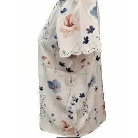 Floral Print Scallop Trim Blouse, Casual Short Sleeve V Neck Blouse For Spring & Summer, Women's Clothing