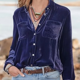 Solid Patched Pockets Velvet Shirt, Vintage Long Sleeve Shirt For Spring & Fall, Women's Clothing