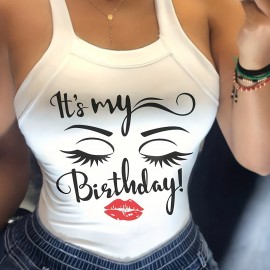 Figure & Letter Print Cami Top, Sexy Back Bow Slim Spaghetti Strap Top For Summer, Women's Clothing