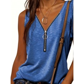 Half Zip Solid Tank Top, Casual Sleeveless Summer Tank Top, Women's Clothing