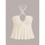 Cross Front Ruched Halter Top, Casual Tie Back Summer Sleeveless Top, Women's Clothing