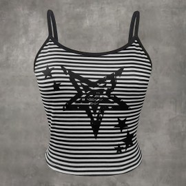 Kawaii Striped Start Print Cami Crop Top, Y2K Spaghetti Strap Sleeveless Top, Women's Clothing