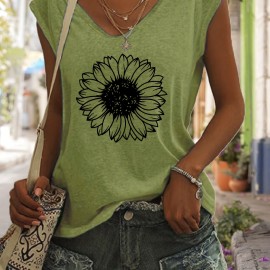 Sunflower Print V Neck Tank Top, Casual Sleeveless Tank Top For Summer, Women's Clothing