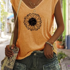 Sunflower Print V Neck Tank Top, Casual Sleeveless Tank Top For Summer, Women's Clothing