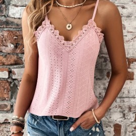 Eyelet Contrast Lace Cami Top, Casual V-neck Spaghetti Strap Top For Summer, Women's Clothing