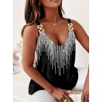 Graphic Print Chain Detail Cami Top, Casual V Neck Summer Sleeveless Top, Women's Clothing