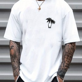Sketch Style Palm Tree Pattern Top Casual Mid Stretch Short Sleeve Crew Neck Graphic T-shirt, Men's Tee For Summer Outdoor
