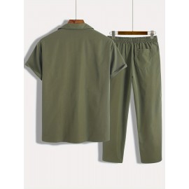 Men's 2Pcs Outfits, Casual Lapel Button Up Short Sleeve Shirt And Drawstring Pants Set For Summer, Men's Clothing For Daily Leisure Loungewear Vacation Resorts