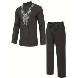 Cotton Boho Style Pattern Embroidery Men's 2 Pieces Outfits, Long Sleeve Lace Up Shirt And Drawstring Solid Trousers Set