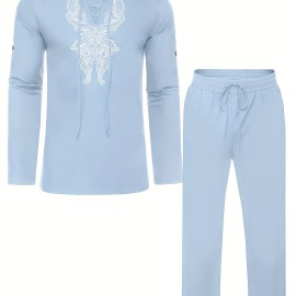 Cotton Boho Style Pattern Embroidery Men's 2 Pieces Outfits, Long Sleeve Lace Up Shirt And Drawstring Solid Trousers Set