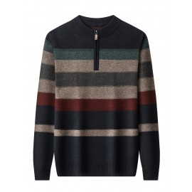 All Match Knitted Striped Sweater, Men's Casual Warm High Stretch Half Zipper Pullover Sweater For Men Fall Winter