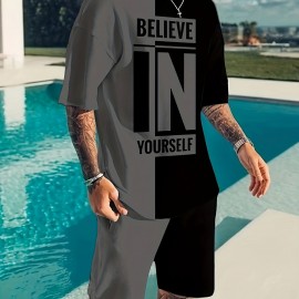 Believe In Yourself Print, Men's 2Pcs Outfits, Casual Crew Neck Short Sleeve T-shirt And Drawstring Shorts Set For Summer, Men's Clothing