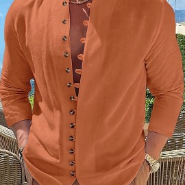 Retro Style Men's Casual Solid Long Sleeve Shirt, Men's Clothes For Spring Summer Autumn, Tops For Men