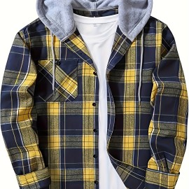 Plaid Pattern Men's Long Sleeve Hooded Shirt Jacket With Chest Pocket, Men's Casual Fall Winter Outwear