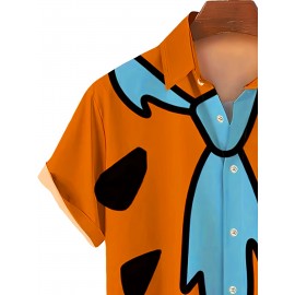 Retro Anime Print Men's Short Sleeve Pocket Lapel Shirt, Men's Trendy Button Up Tops For Summer Outdoor, Perfect Wear For Halloween