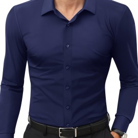 Basic Solid Men's Daily Stretch Formal Dress, Men's Slim Fit Long Sleeve Button Up Shirt, Spring Fall