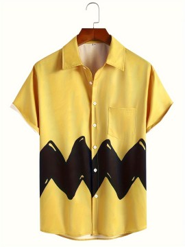 Trendy Comic Style Print Men's Casual Short Sleeve Shirt With Chest Pocket, Men's Shirt For Summer Vacation Resort, Tops For Men, Gift For Men