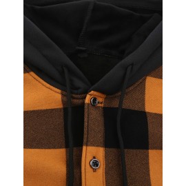 Plaid Pattern Men's Casual Thick Long Sleeve Hooded Shirt With Pockets, Men's Button Up Shirt For Fall Winter